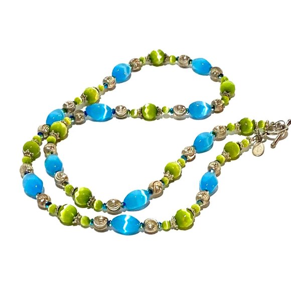 Handmade Blue and Green Cats Eye Sterling Silver 22 Inch Artisan Beaded Necklace - Picture 7 of 11
